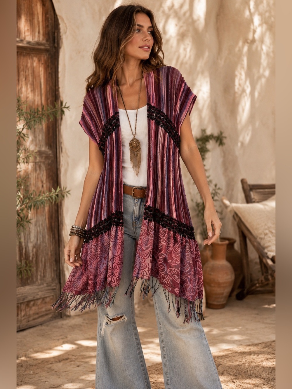 Boho Festival Open Front Fringe Vest Striped Crochet Lagenlook OS desert A2